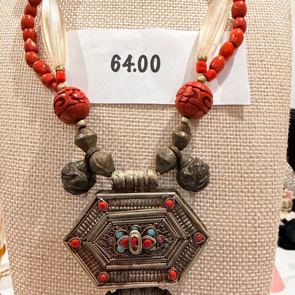 Boho Red Beaded Necklace with Ornate Silver-Tone Hex Pendant